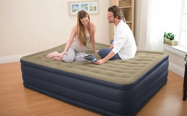 Cheap Intex khaki flocking wavy double air beds set in living room furniture,size 152*203*46CM.Built-in electric pump