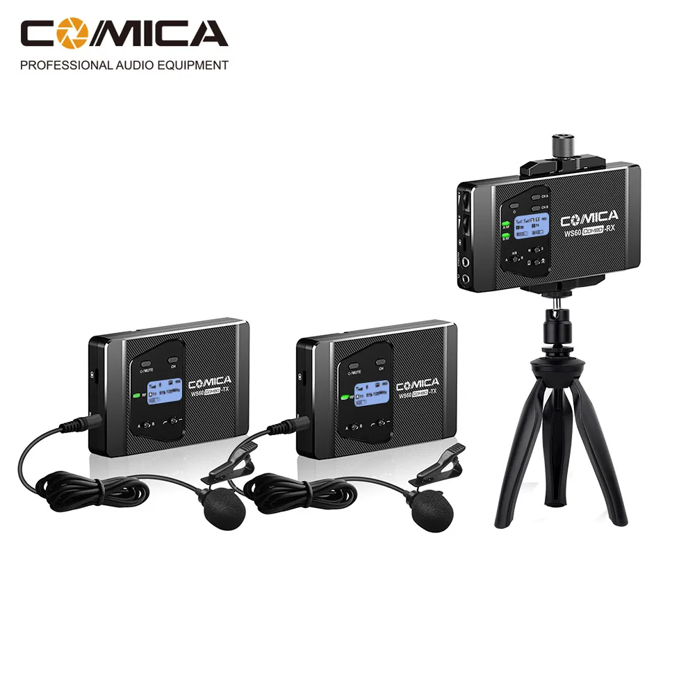 CoMica CVM-WS60 COMBO 1-Trigger-2 гибкий мини-беспроводной микрофон для смартфонов и камер UHF 12 каналов 60 м
