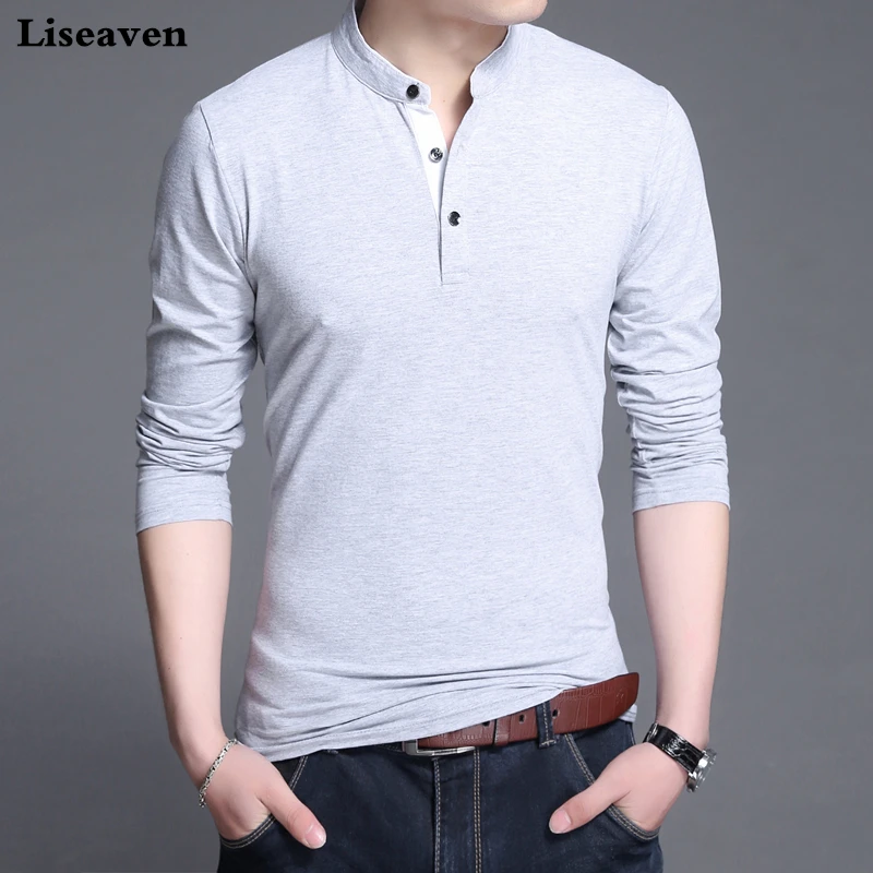 Liseaven Men Basic T Shirts Solid Color Top Male Long Sleeve Tshirt ...