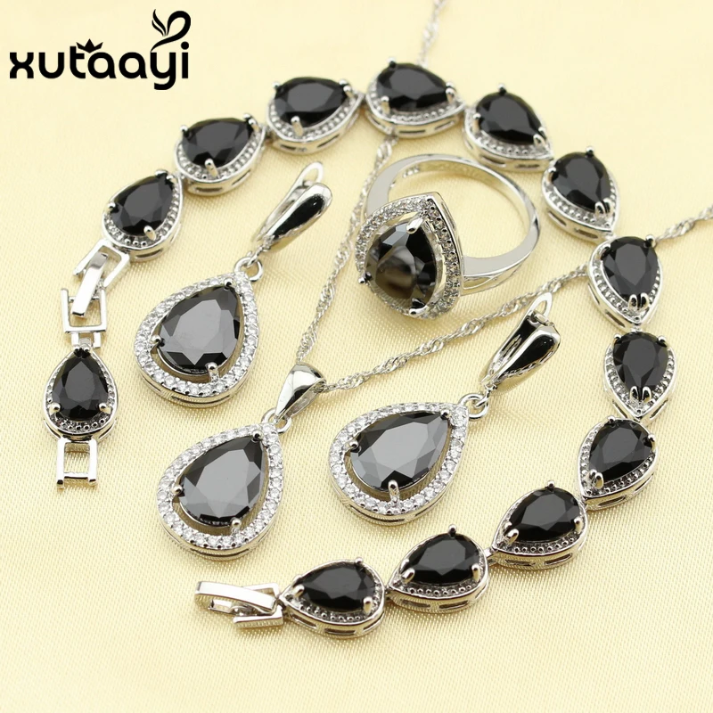 

925 Silver Water Drop Wedding Jewelry Set For Women Black Cubic Zirconia White CZ Bracelet Earrings Necklace Pendant Ring