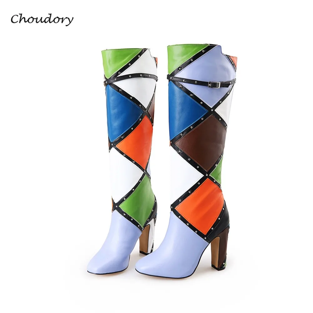 

Choudory Knee-High Women Boots Spring Autumn Basic Rivet Square Toe Chunky Super High Women Shoes Slip-On Plaid Zapatos Mujer