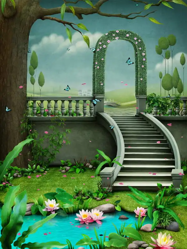 5 X7Ft Princess Castle Green Hills Branch Arch Garden Pool Fairy Custom Photo Background Studio Fondali Vinile 150Cm X 220Cm