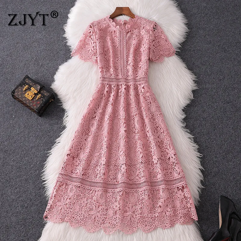 

New Fashion Designer Runway Dress Women 2019 Summer Style Elegant Short Sleeve Hollow Out Flower Sweet Pink Lace Dresses Party