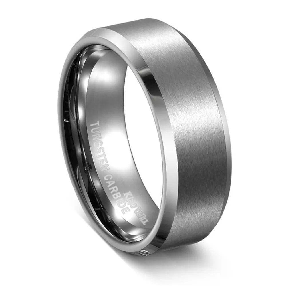8mm White Tungsten Carbide Ring Matte Polished Finish Beveled Mens Wedding Engagement Band Kr20902 