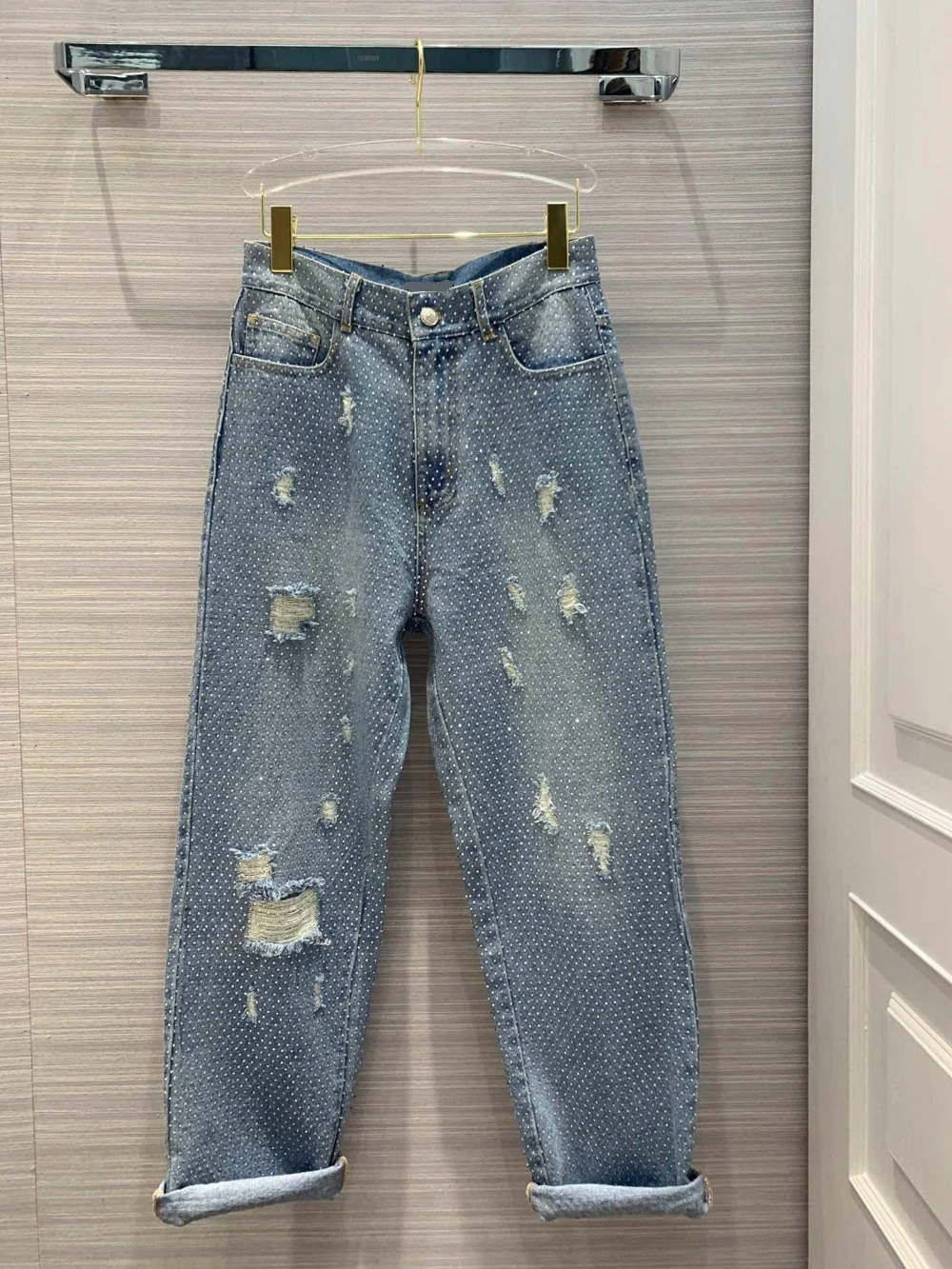 2019 женские прямые джинсы высокого качества с кристаллами 0316