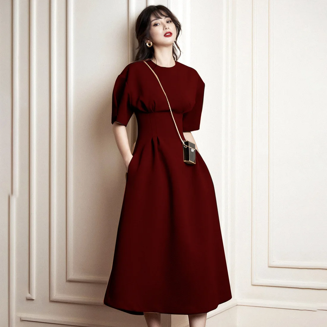 Midi A-Line Dress Women OL Clothes Work Party Night Puffy Sleeves Dresses Black Red Burgundy Vintage Holiday Summer Dress