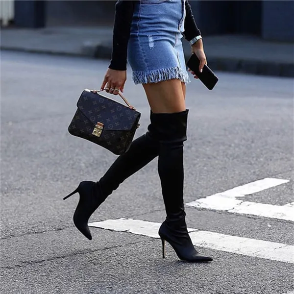 Mcacchi/новые женские сапоги; высокие облегающие сапоги до бедра; модные сапоги выше колена; обувь с острым носком на высоком каблуке; женские сапоги-носки - Цвет: Black