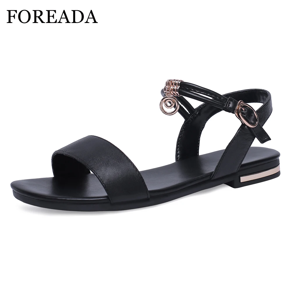

FOREADA Women Shoes Summer Sandals Buckle Genuine Leather Flat Casual Shoes Cow Leather Metal Decoration Lady Sandals Size 3-12