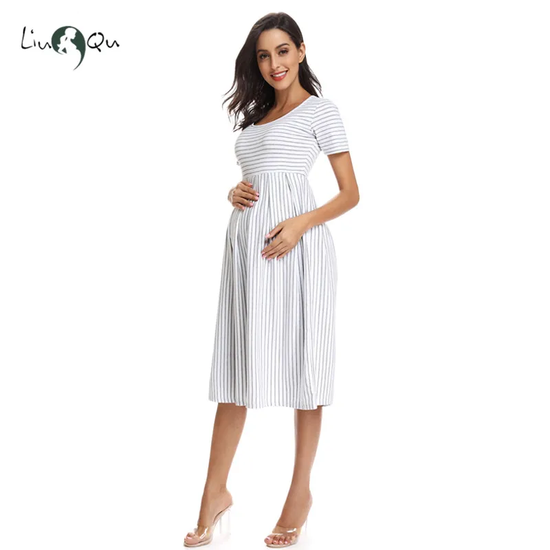 

Womens Short Sleeve Knee Length Striped Maternity Dress Casual Pregnancy Clothes Loose Summer Pregnant Dress Premama Baby Shower