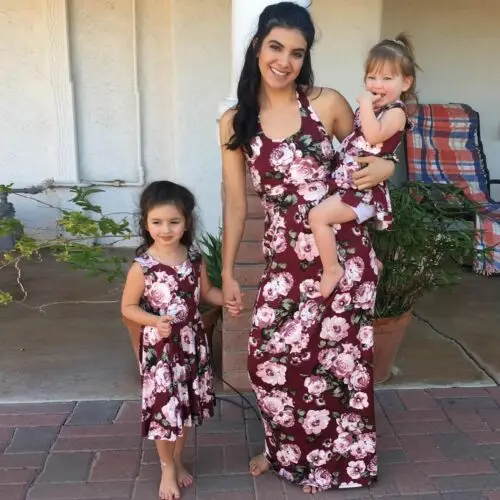 

Fashion Mother Daughter Family Matching Dress Sleeveless Floral Maxi Summer Holiday Beach Long Dresses Outfits