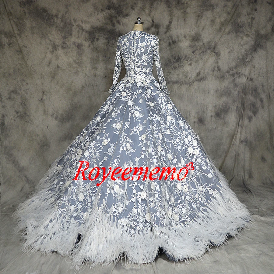 Новое дизайнерское знаменитое мусульманское свадебное платье с перьями, с длинными рукавами, свадебное платье на заказ, Заводская оптовая