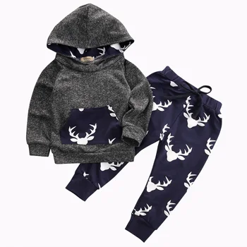 

2Pcs Newborn Baby Boy Deer Hooded Tops Long Sleeve Large Pocket Sweatshirt Pants Outfits Clothes Set