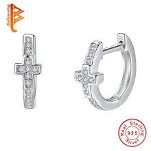 BELAWANG минималистский 925 пробы серебряные круглые серьги в виде креста с кристаллами серьги-гвоздики в виде капель с кристаллами в форме Для женщин уха пирсинг, модные украшения