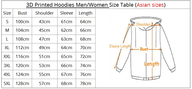 Size Chart Mens Hoodies