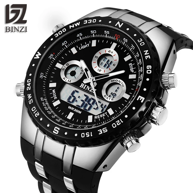 

BINZI Men Watch Waterproof Sport Outdoor Wristwatches Dual Display Big Electronic Wrist Watches Military Clock Relogio Masculino