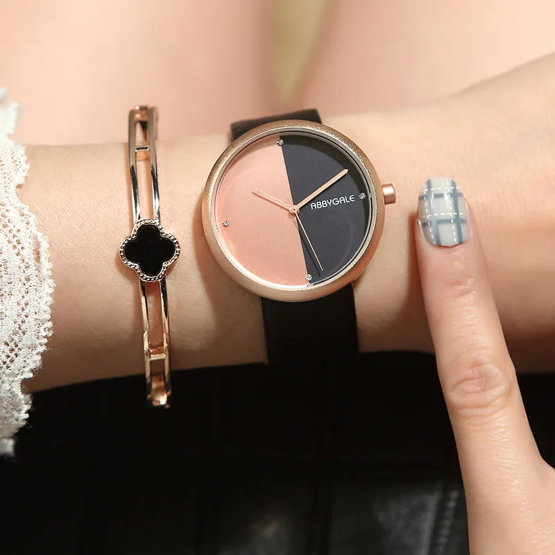 

ABBYGALE Women Watch Double Color Dial Simple Design Bracelet Set Leather Quartz Ladies Wrist Watch Women Gifts relogio Clock