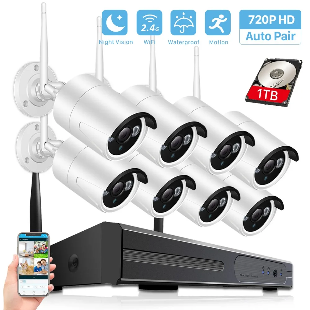 8CH CCTV Беспроводная система 1080P NVR с 720P 1.0MP наружная Водонепроницаемая Wifi камера P2P аудио запись ночного видения комплект наблюдения