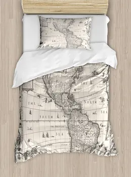 

World Map Duvet Cover Set Antique Map America in 1600s World in Medieval Time Ancient Era in Retro Style 4 Piece Bedding Set
