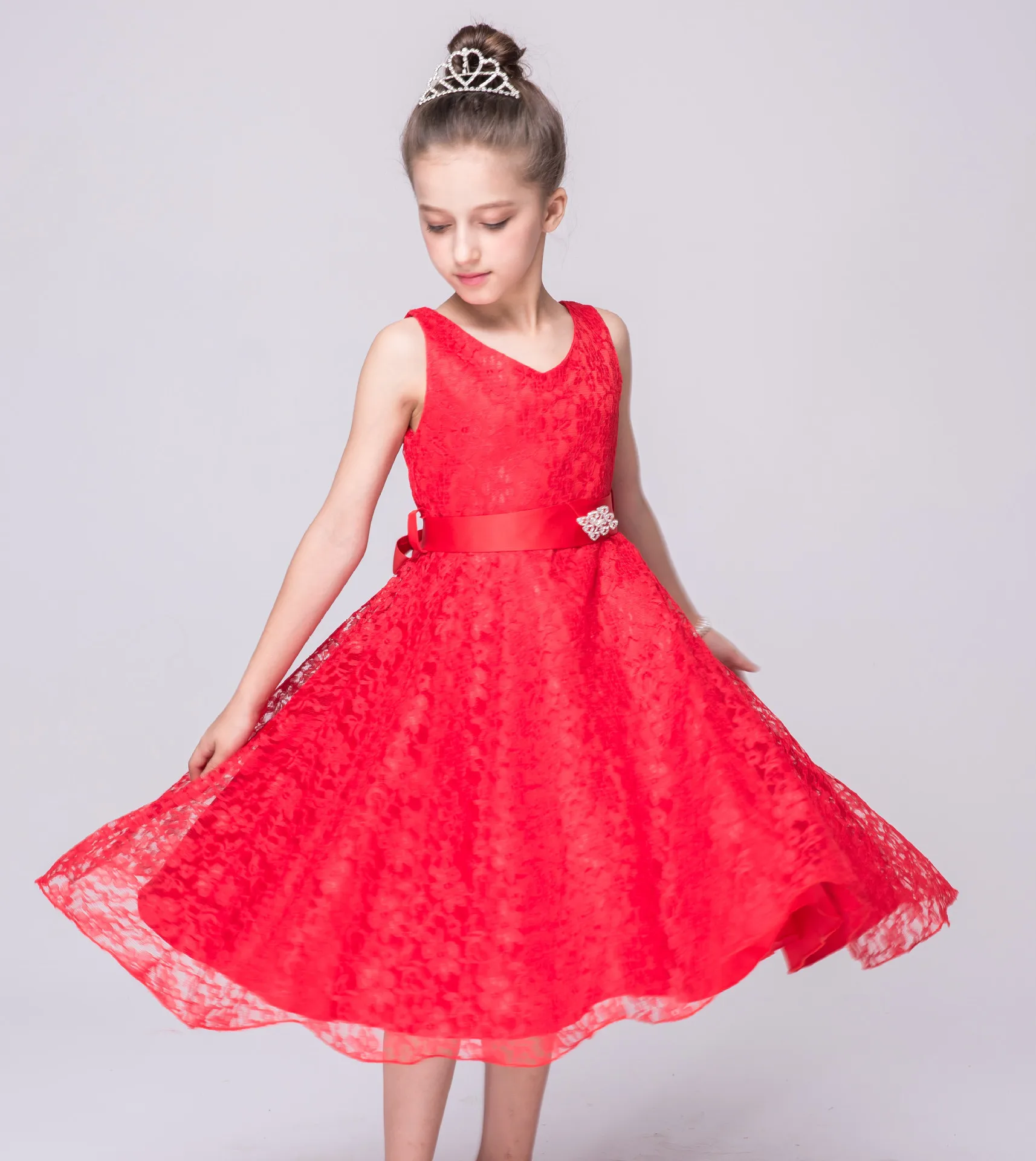 Estilo de Flor Vestidos com Strass Casamento da Dama Novo Meninas Vestidos Crianças Rendas Faixa Festa Honra Roupas 15 Mamãe e Bebê