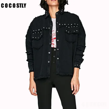 

Studded Frayed Hem Denim Jacket Women Coats Black Lapel Single Breasted 2020 jeans jacket women Jackets and Coats