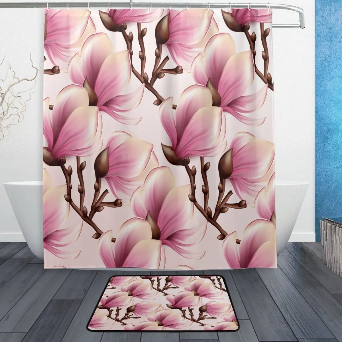 Pink Magnolia Flower Waterproof Polyester Fabric Shower Curtain Set