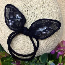 2017 fashion jewelry wholesale pearl headband bow silk yarn hair rope lovely lace hair accessory black elastic women