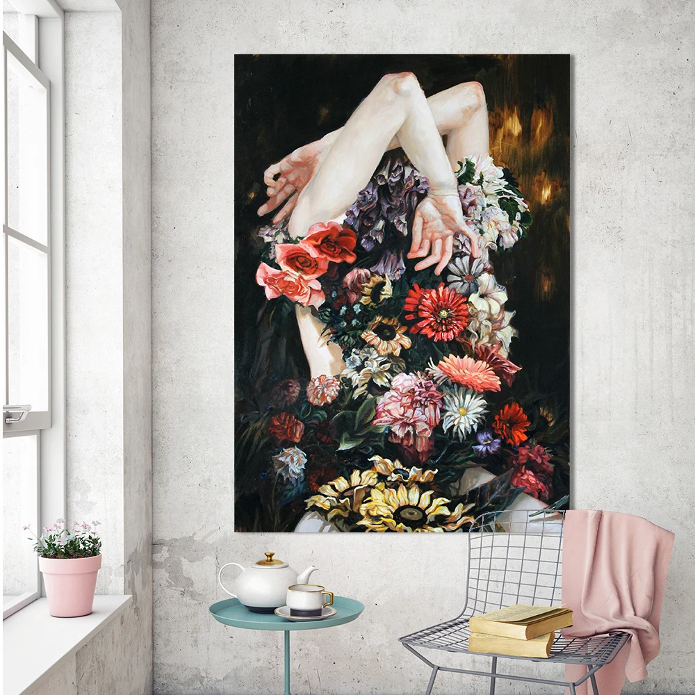 

HDARTISAN Wall Canvas Art Girl and Flowers Picuture For Living Room Home Decor Modern Painting Frameless