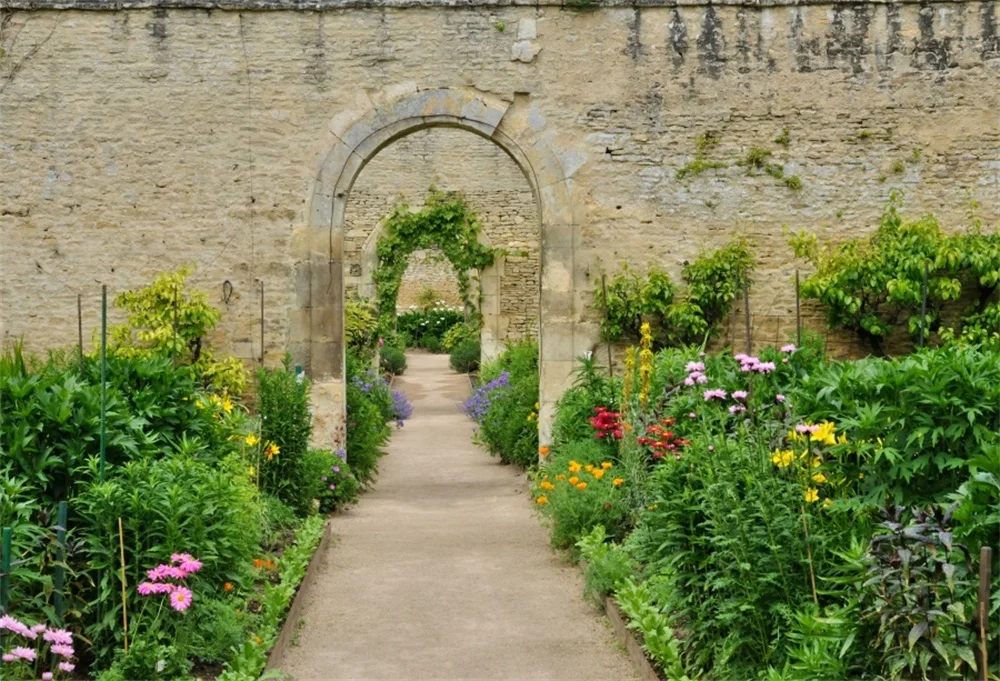 

Laeacco Yard Old Wall Arch Door Plants Flowers Scenic Photography Backgrounds Customized Photographic Backdrops For Photo Studio