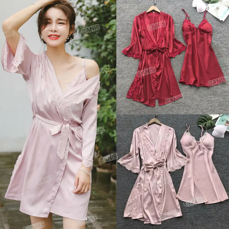 

Hot Women Sexy Robe & Gown Sets Sleep Dress Bride Kimono Robe Satin Silk Lace Night Dress Gown Sleepwear 3PCS