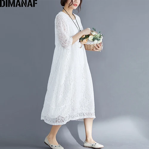 DIMANAF размера плюс женское кружевное платье Элегантное Vestidos Женская одежда свободное винтажное женское платье большого размера летнее Открытое платье M-3XL - Цвет: Yi896CN-bai