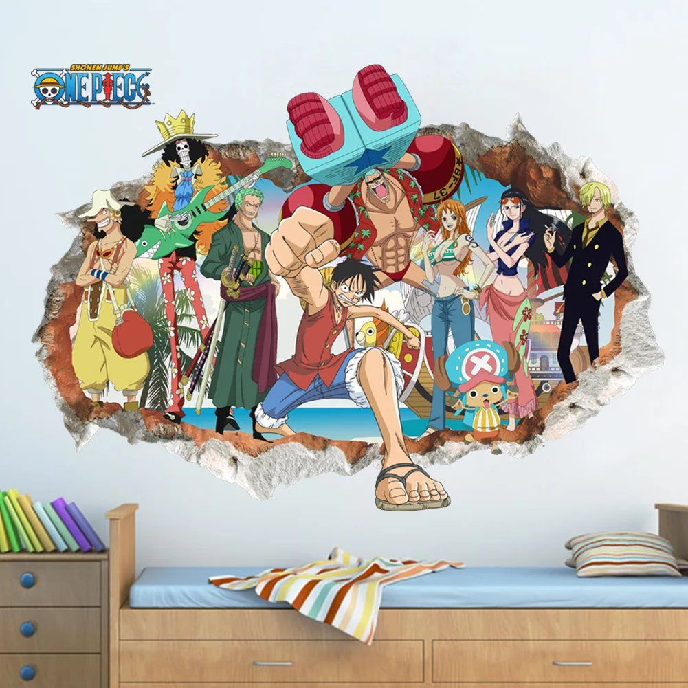 

Cartoon One Piece Luffy Smashed Wall Japanese Amine Comic 3D Window Kids Bedroom Nursery Wall Stickers Vinyl Decal Decor