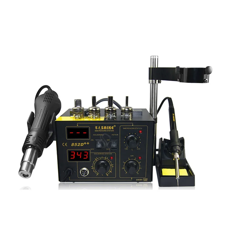 Saike 852D++ 220V/110V Hot Air Rework Station Soldering Station 2 In 1 With Supply Air Gun Rack