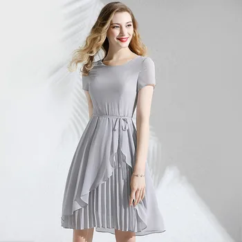 

Chiffon Dress 2019 Women's Summer Fashion Ruffles Patchwork Pleated Round Neck Short Sleeved Solid Color Slim Dress Knee Length