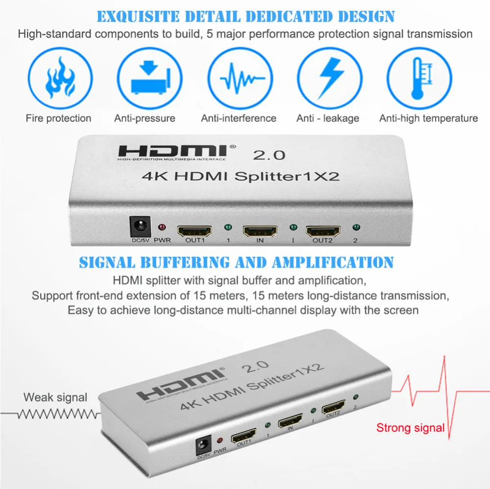 RobotSky HDMI 2.0 Splitter 4K 1X2 2160P 1 IN 2 Out HDMI Splitter Switcher With EDID RS232 HDCP Supp
