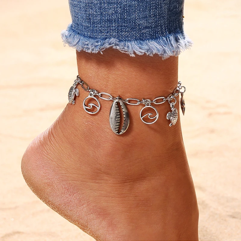 

2 Styles Fashion Summer Beach Conch Shell Starfish Ocean Turtle Lips Silver Pendant Chain Anklet Women Casual Jewelry Accessorie