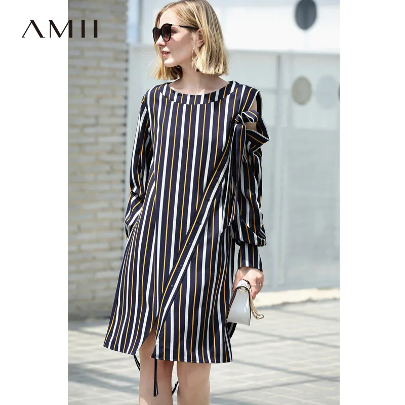 

Amii Office Lady Striped Dresses Women Autumn 2018 Elegant Straight Loose O-Neck Female Hollow Out Lace Up Female Dresses