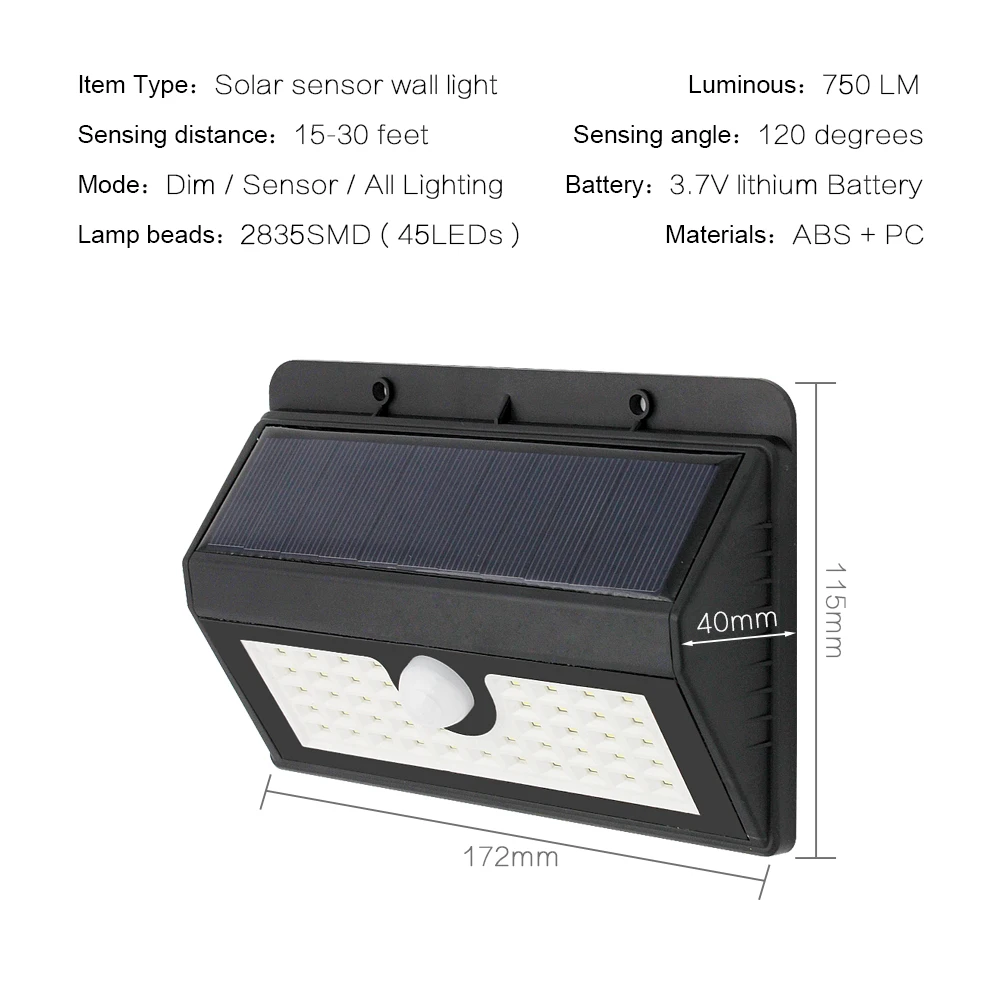45 светодиодный Солнечный настенный светильник Уличные светодиодные фонари водонепроницаемый IP65 беспроводной PIR датчик движения Солнечный уличный садовый светильник