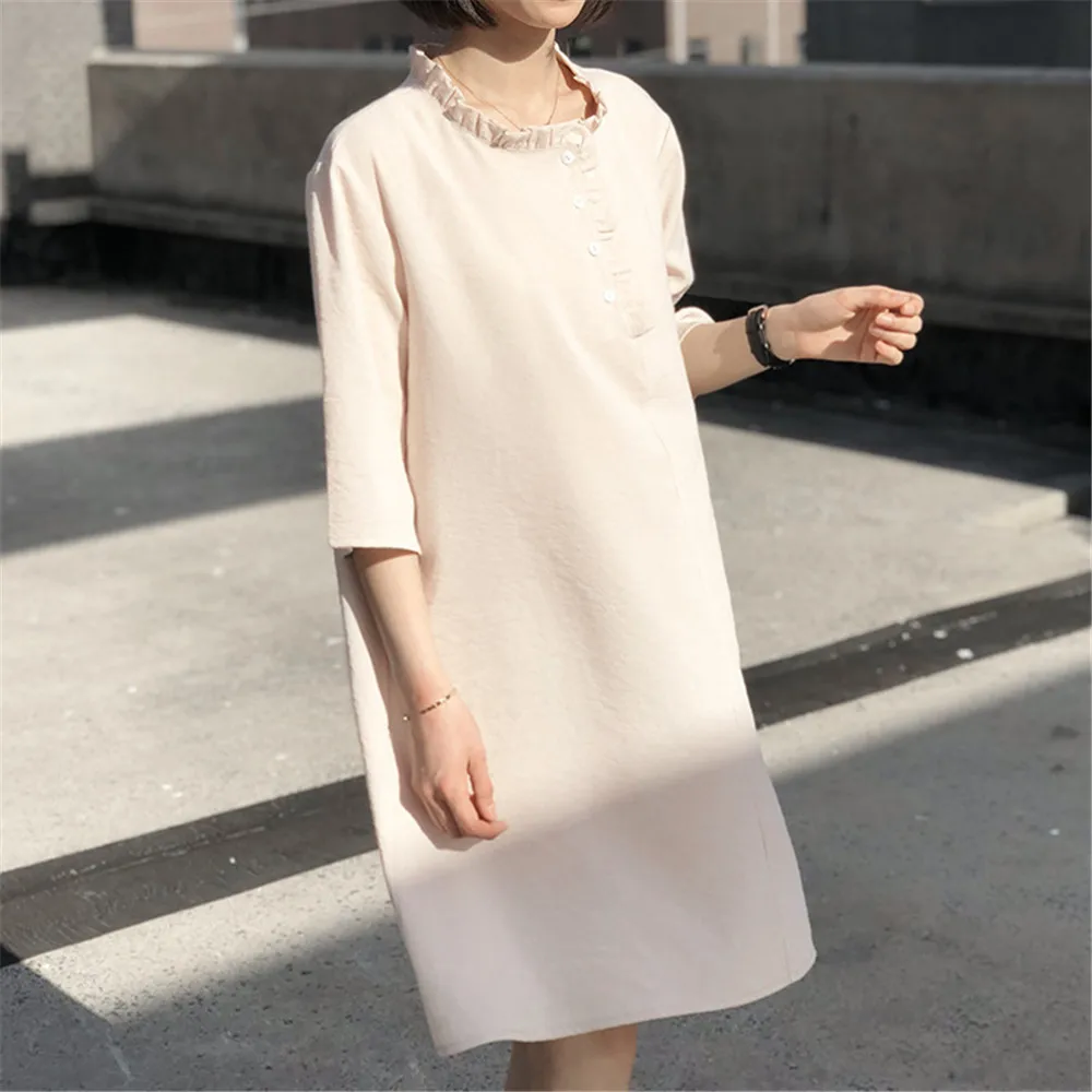 Elegant Solid Pleated O-Neck Loose Dress Vestidos 2018 New Fashion Womens Straight Dress Half Sleeve Summer Loose Dress (4)