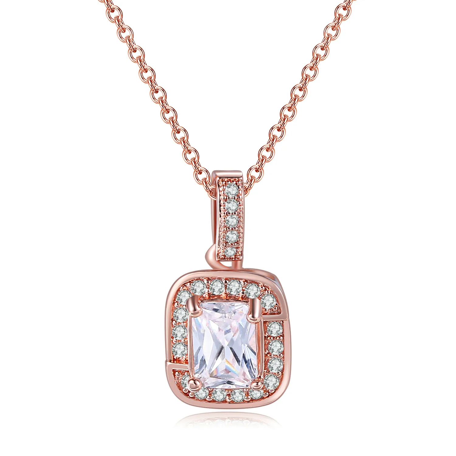 Double Fair Elegant Style Square Cut Stone Necklaces & Pendants For Women Rose Gold Color Fashion Jewelry Women's Chain DFN408