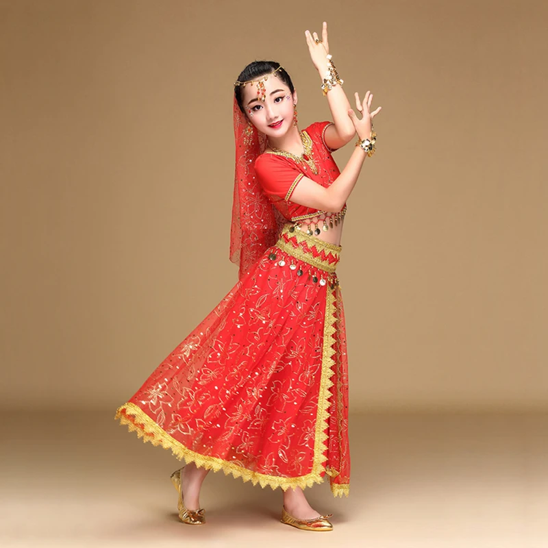 Детская одежда для индийского беллиданса, костюм Болливуд Танцы профессиональное снаряжение для танца живота костюмы 5 предметов индийская Одежда для танцев
