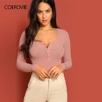 

COLROVIE Pink Scoop Neck Press Button Slim Fit Knit Elegant T-Shirt Women 2019 Spring Long Sleeve Shirt Basic Office Ladies Tee