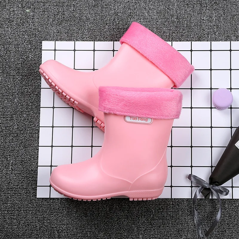 Новое поступление, Детские Водонепроницаемые резиновые сапоги, Нескользящие, желтые/синие/розовые, обувь для мальчиков и девочек, ПВХ резиновые милые сапоги для детей, B26 10 - Цвет: Pink Cotton