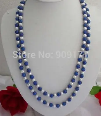 

Long 50" 8mm Lazuli Lapis / white pearl Jewelry Necklace