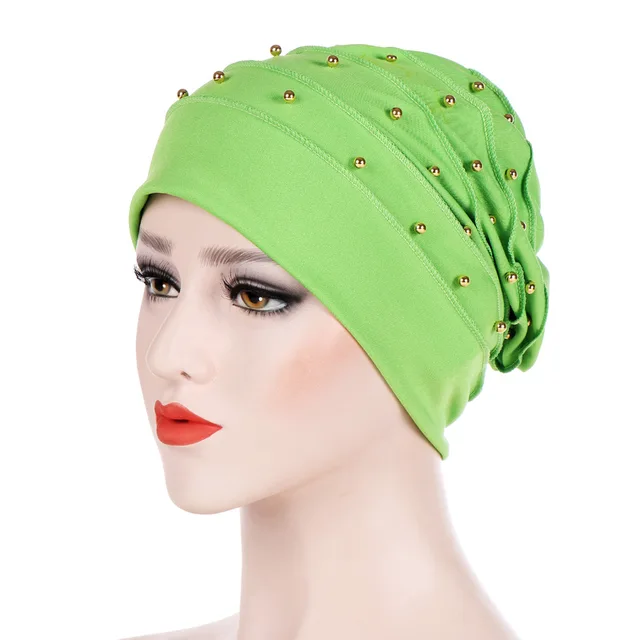 Muslim Women Stretch Cotton Ruffle Bead Turban Hat chemotherapy Chemo Beanies Caps Headwrap Hair Loss For Cancer Accessories Green