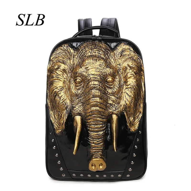 New Metal Gothic Men's Elephant Head Backpack Cool PU Leather