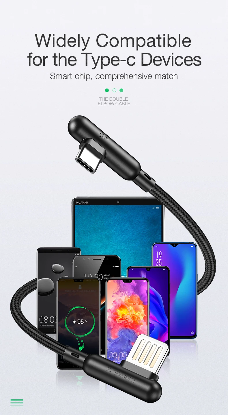 Cafele usb type-C кабель для huawei p20 30 pro 90 градусов USB C кабель для мобильного телефона 3A Быстрая зарядка для Xiaomi 9 Redmi Note 7 шнур