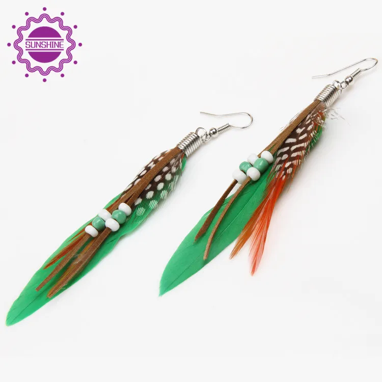 

Women/Girls Trendy Beading Goose Feather Dangler Earrings Leather Beads Pendant Hook Earrings