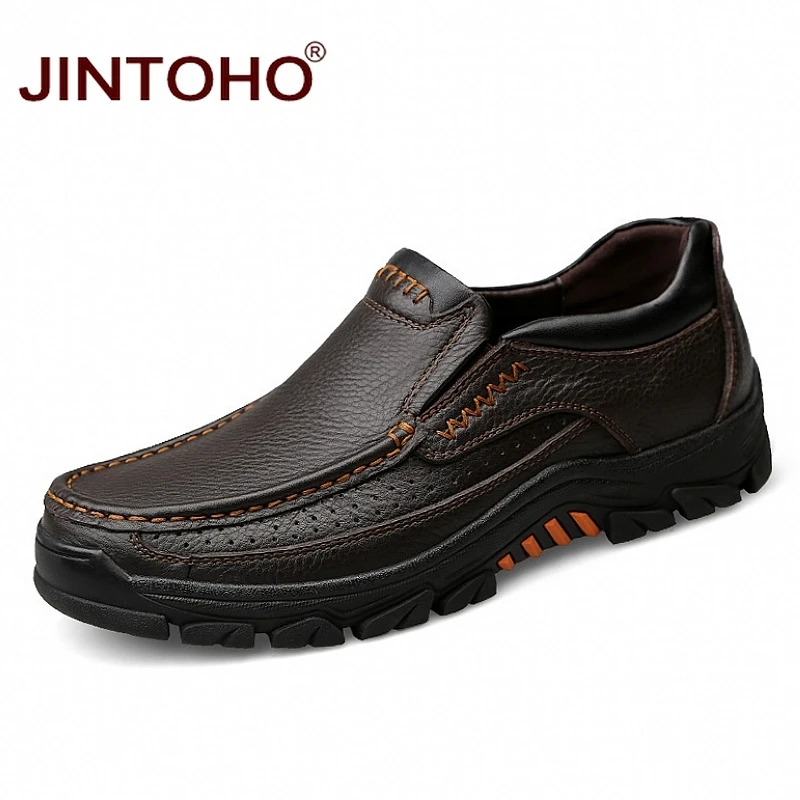 JINTOHO/Мужские модельные туфли из высококачественной натуральной кожи; черные кожаные деловые туфли; модельные туфли в деловом стиле; мужские лоферы без застежки - Цвет: brown