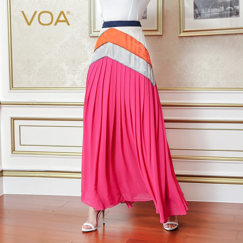 VOA Rose Red A Line Pleated Silk Skirt Plus Size Boho Maxi Long Skirts