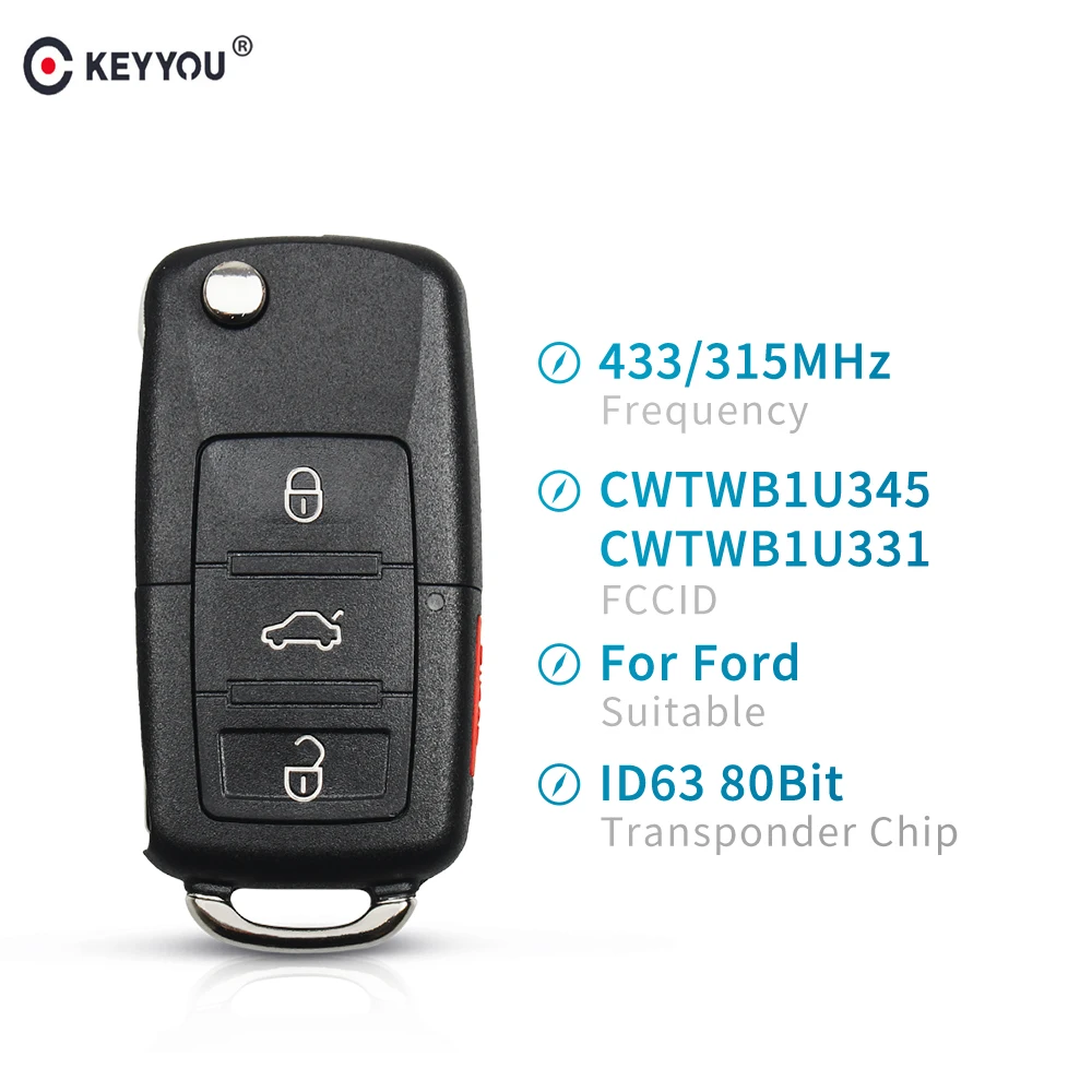 

KEYYOU 4 Button For Ford 2001-2007 Expedition Focus F Modified Complete Remote Key CWTWB1U331 CWTWB1U345 ID63 Chip 315/433 Mhz